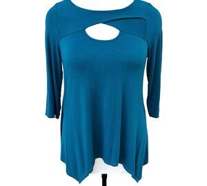 Sunny Leigh Tunic Top Blouse Women's XL Teal Blue Sharkbite Hem Keyhole Neck 3/4